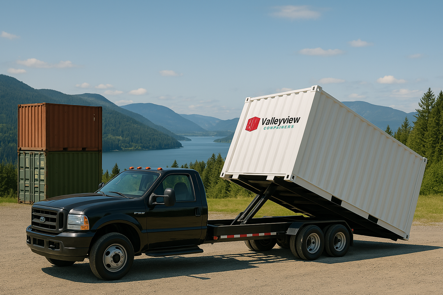 Valleyview Containers delivery truck with container in mountain landscape